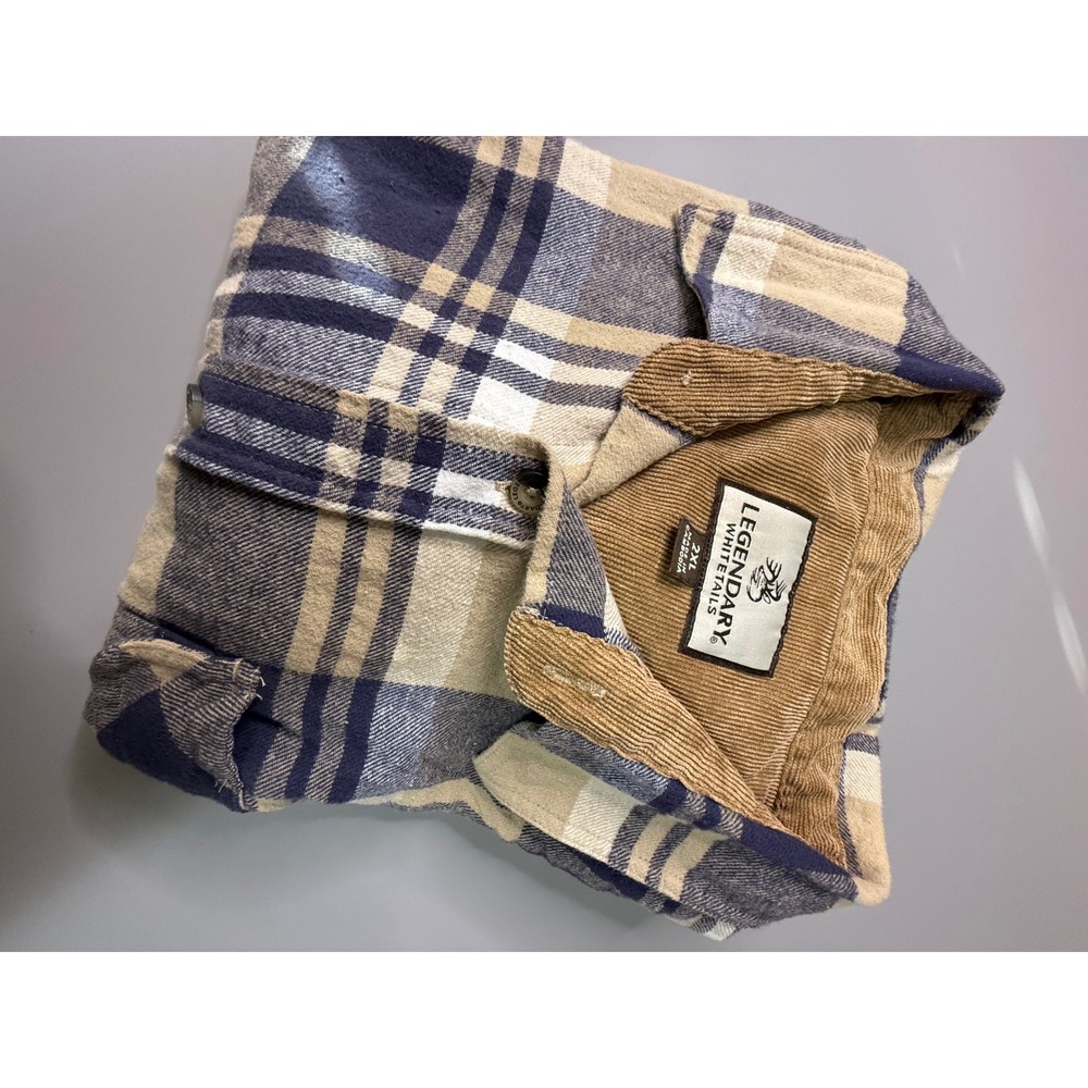 Legendary Whitetails Buck Camp Flannel Shirt Mens 2XL Navy Tan Plaid 6464